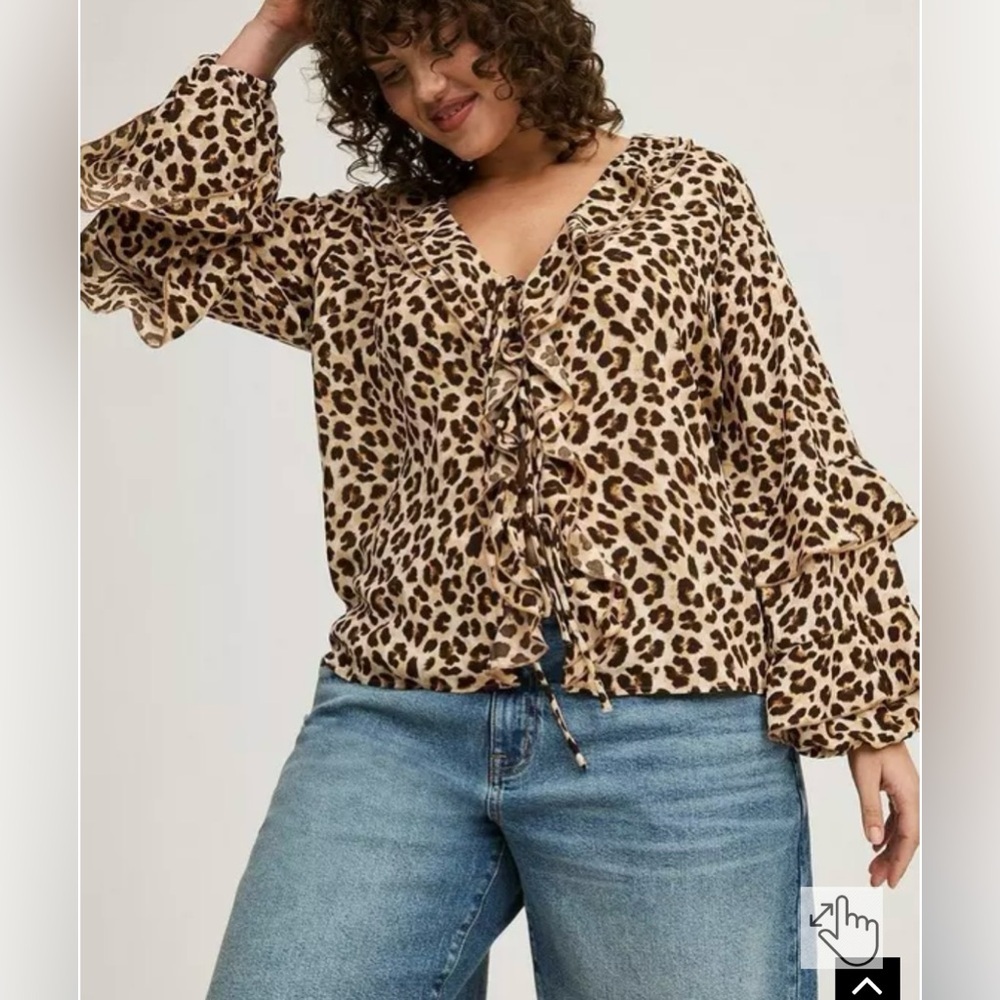 Torrid Animal Cheetah Print Ruffle Open Tie Front Blouse